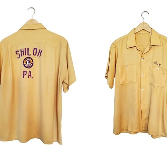 Vintage Other - 1950s Vintage Yellow Rayon Short Sleeve Bowling Shirt With Team Logo And Name